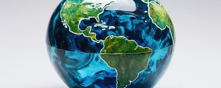 Glass globe with the image of the planet Earth on a white backgroundの素材