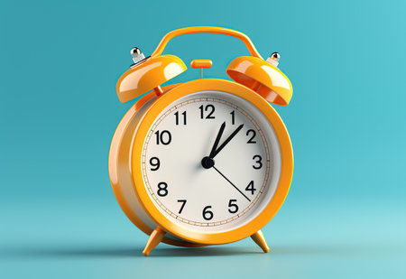 Orange alarm clock on blue background.の素材