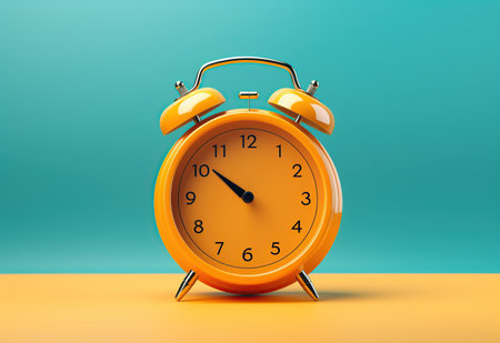 Orange alarm clock on blue background. Time conceptの素材