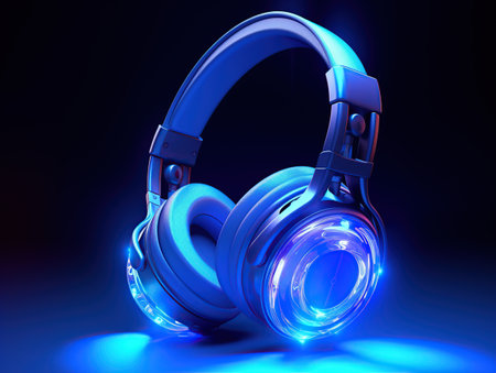 Blue headphones on a dark background. Neon glowing LED lights.の素材