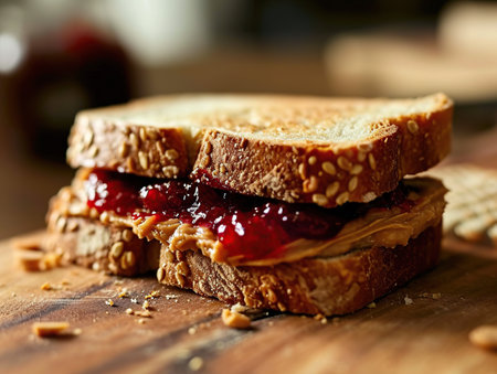 Sandwich with strawberry jam and peanut butter on a wooden board.の素材