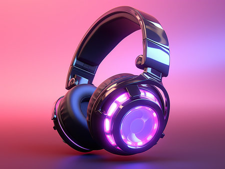 Black Headphones with neon LED light on pink background. 3D illustration.の素材