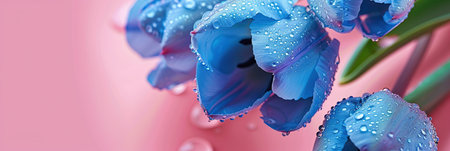Beautiful blue tulips with water drops on a pink background.の素材