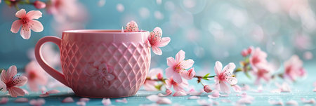 Cup of tea with pink sakura blossom on blue backgroundの素材