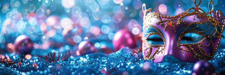 Mardi gras carnival mask on blue bokeh background.の素材