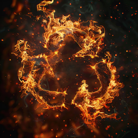 Recycling symbol on fire flames background, 3d illustration.の素材