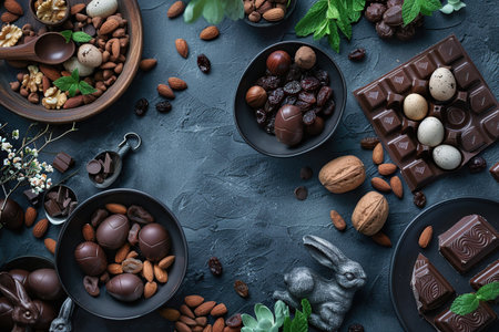 Chocolate candies, nuts and flowers on dark background. Top viewの素材