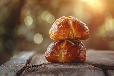 Freshly baked buns on a wooden table. Bokeh background.の素材