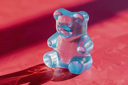 Blue bear gummy on a red background. Close-up.の素材