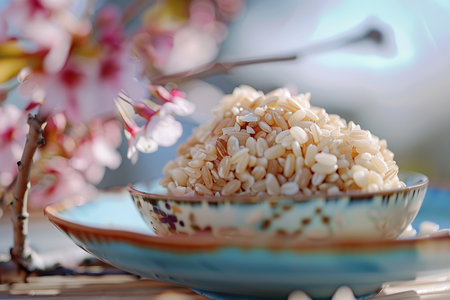 Close up of brown rice in a bowl with cherry blossom backgroundの素材