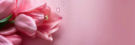 Pink tulips on a pink background with water drops. Place for text.の素材