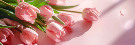 Beautiful pink tulips on a pink background. Copy space.の素材