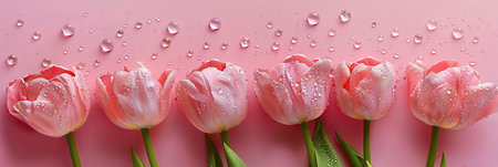 Bouquet of pink tulips with water drops on pink backgroundの素材