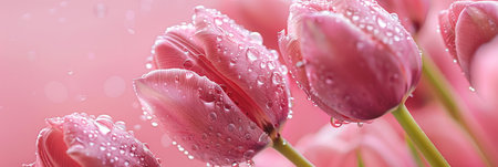 Beautiful pink tulips with water drops on petals on pink backgroundの素材