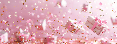 Gift boxes and confetti on a pink background. 3d renderingの素材