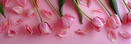 Pink tulips on a pink background. Top view, flat lay.の素材
