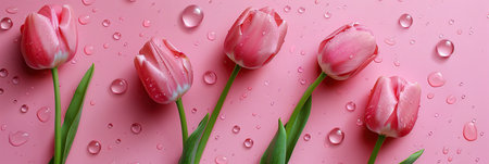 Tulip flowers with water drops on pink background, top viewの素材