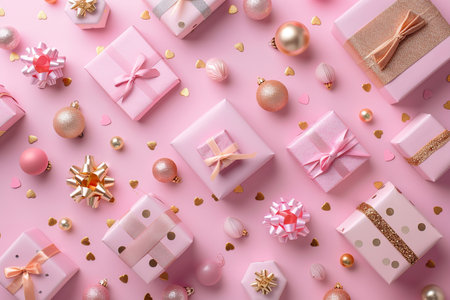 Gift boxes and Christmas ornaments on pink background, top viewの素材