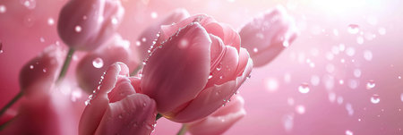 Beautiful pink tulips with water drops on blurred background, close upの素材