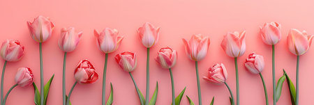 Pink tulips on pastel pink background. Flat lay, top view, copy spaceの素材