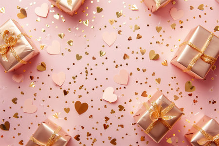 Valentine's day background with gift boxes wrapped in gold ribbons and hearts on pink backgroundの素材