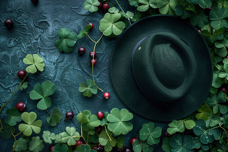 top view of green clover leaves, hat and cherries on dark backgroundの素材