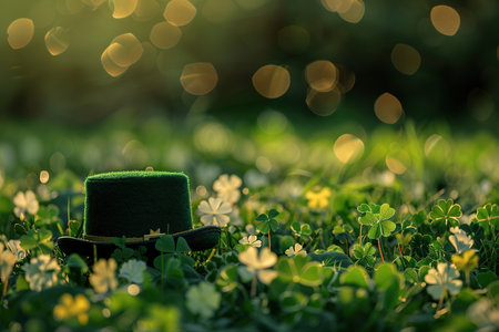 Green leprechaun hat and clover on green grass with bokeh backgroundの素材