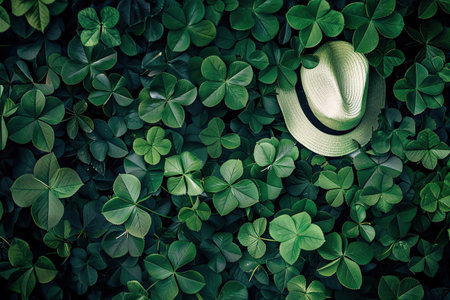 St. Patrick's day background with clover leaves and hat.の素材