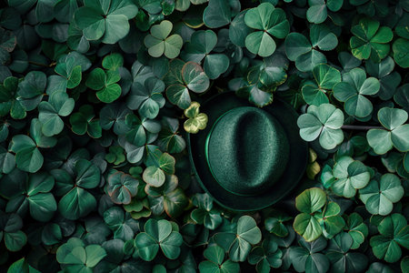 Top view of green hat on clover leaves background. St. Patrick's Day concept.の素材