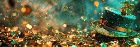 St. Patrick's Day background with Leprechaun hat and gold coinsの素材