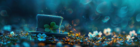 St. Patrick's Day background with green leprechaun hat, shamrock and bokehの素材