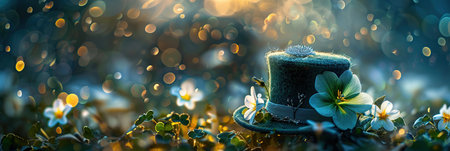 St. Patrick's Day background with clover flowers and a hatの素材