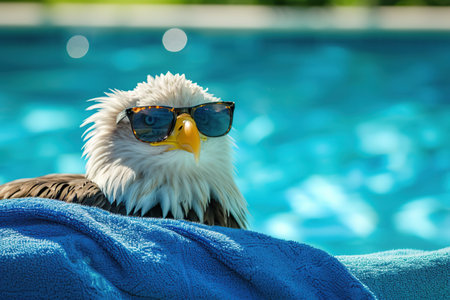 Bald Eagle with sunglasses sitting on a towel in the swimming poolの素材