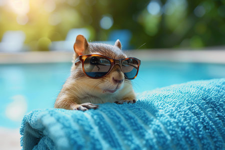 Cute little squirrel wearing sunglasses and sitting on the edge of swimming poolの素材