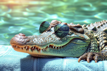 Crocodile with sunglasses lying on the sunbed in the poolの素材