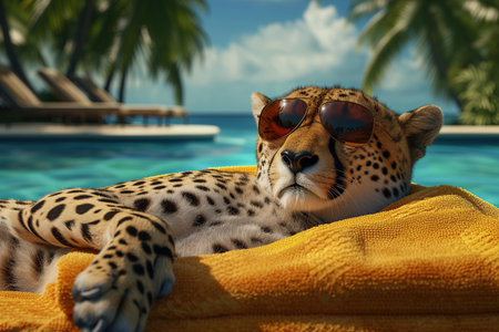 Cheetah relaxing in the swimming pool. 3d illustration.の素材