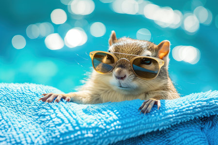 Cute little chipmunk wearing sunglasses on swimming pool background.の素材