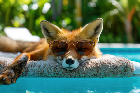 Red fox in sunglasses relaxing near swimming pool on sunny summer day.の素材