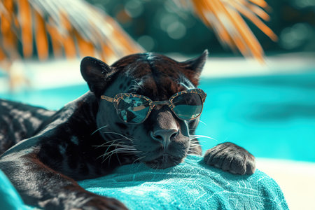 Portrait of a leopard in sunglasses lying on the sunbedの素材