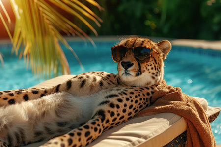 Cheetah in sunglasses on sun lounger near swimming poolの素材