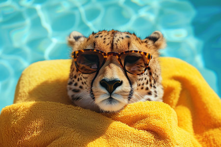 cheetah in sunglasses lies on a yellow towel by the poolの素材
