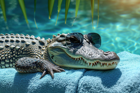 Crocodile with sunglasses resting on a towel by the poolの素材