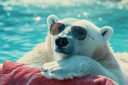 Polar bear in sunglasses lying on the sunbed. Toned.の素材