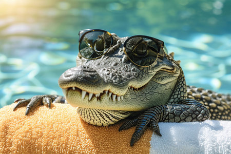 Crocodile in sunglasses on towel near swimming pool, closeupの素材