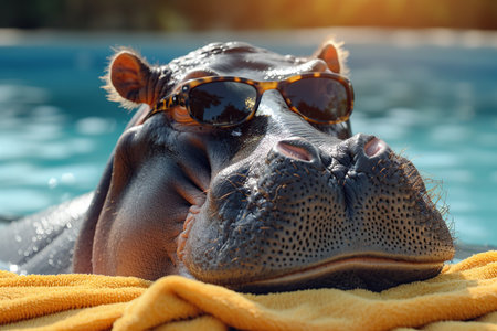 Hippopotamus in sunglasses resting on yellow towel in swimming poolの素材