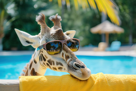Giraffe with sunglasses at swimming pool in summer, closeupの素材