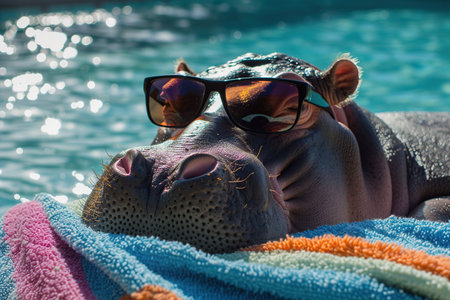 Hippopotamus resting on a towel in the pool with sunglassesの素材