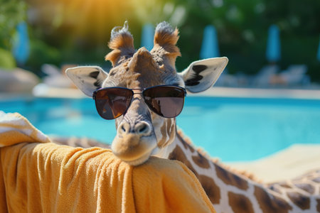 Funny giraffe with sunglasses at the swimming pool in summer dayの素材
