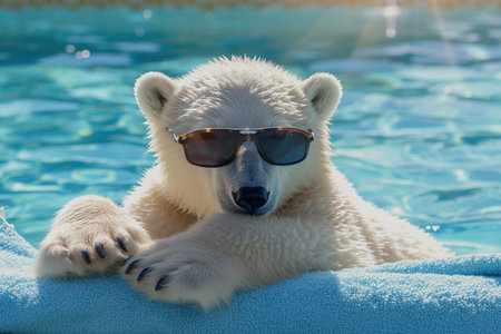 Polar bear in sunglasses lying on blue towel in swimming pool.の素材