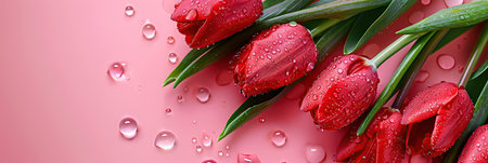 Bouquet of red tulips with water drops on pink backgroundの素材